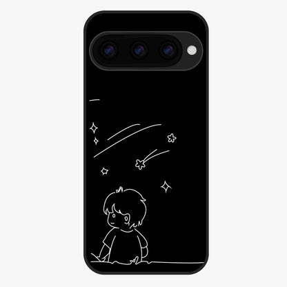 Line Art Boy With Shooting Stars Glass Case showing flat back view with minimal line art boy and shooting stars illustration and glossy glass finish.