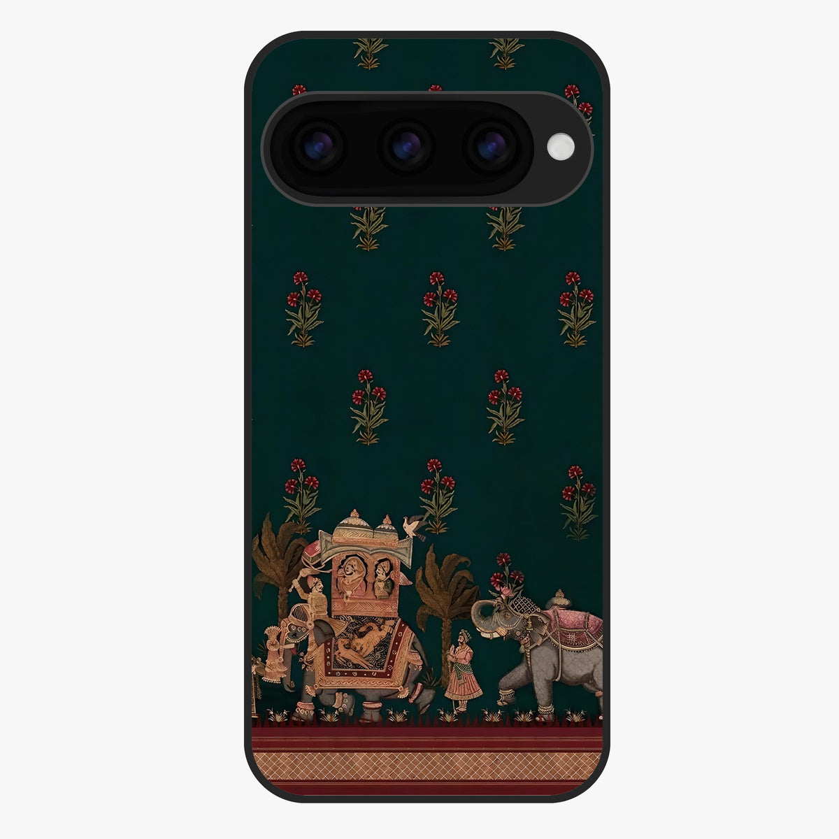 Macmerise Glass Case showing flat back view with stylish modern artwork and glossy glass finish.