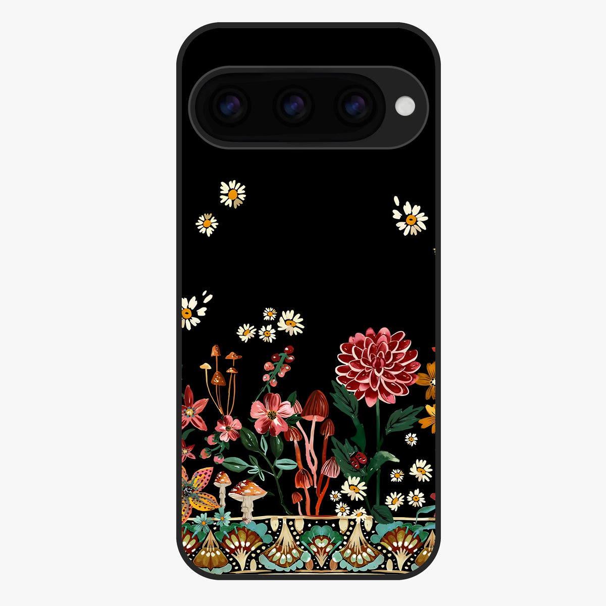 Midnight Bloom Pattern Glass Case showing flat back view with dark floral pattern artwork and glossy glass finish.