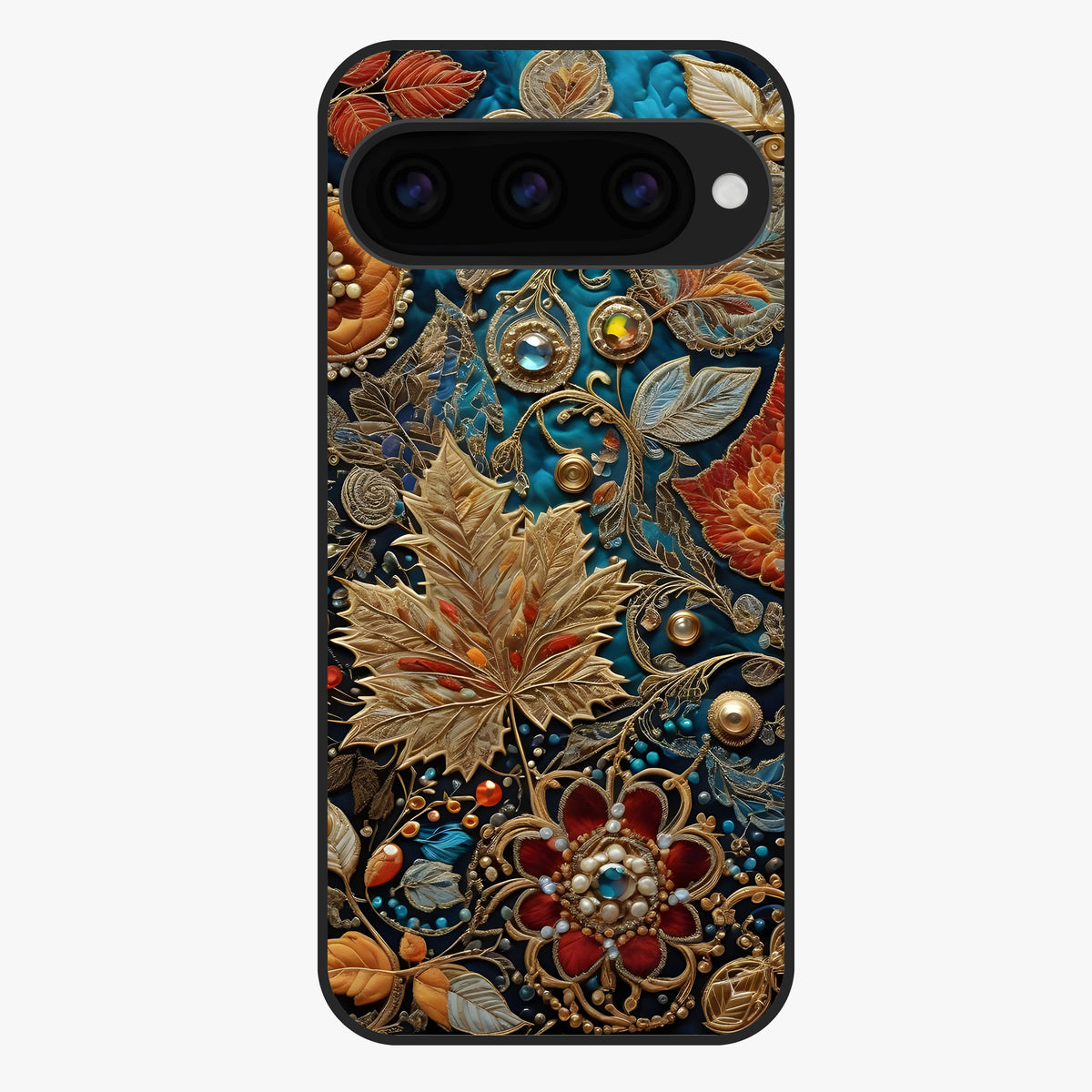 Royal Jewel Garden Glass Case showing flat back view with decorative floral garden artwork and glossy glass finish.