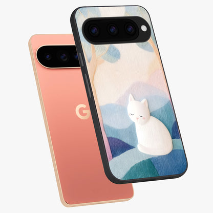 Cotton Dream Cat Glass Case displayed in angled mockup highlighting cute feline illustration with pastel aesthetic style.