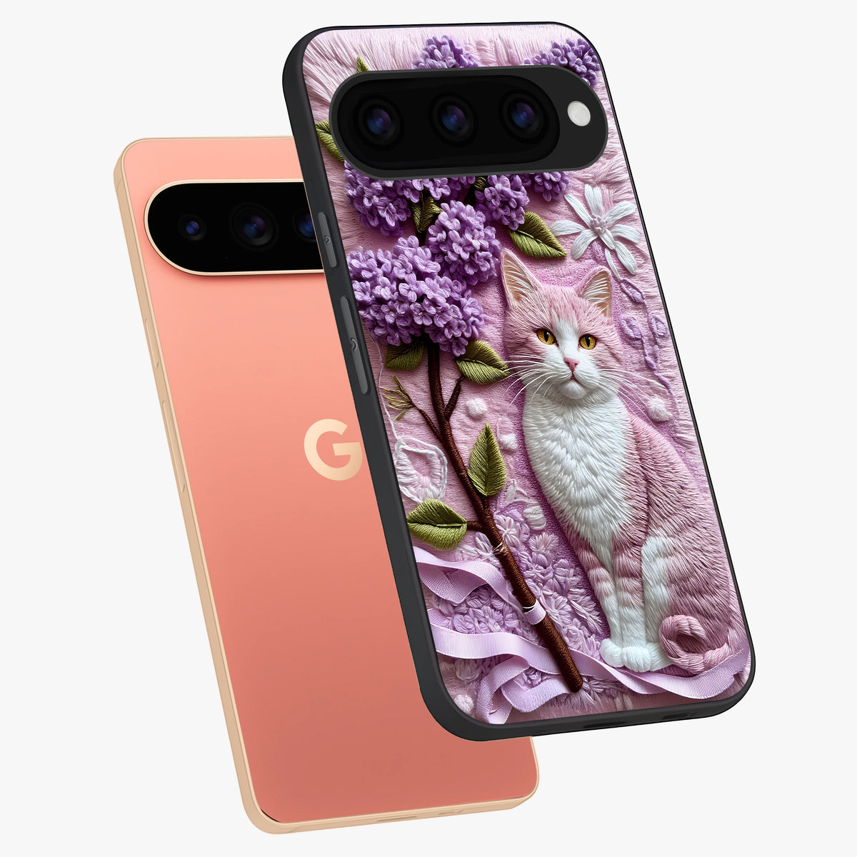 Lavender Cat Whimsy Glass Case displayed in angled mockup highlighting playful feline illustration with pastel lavender aesthetic.