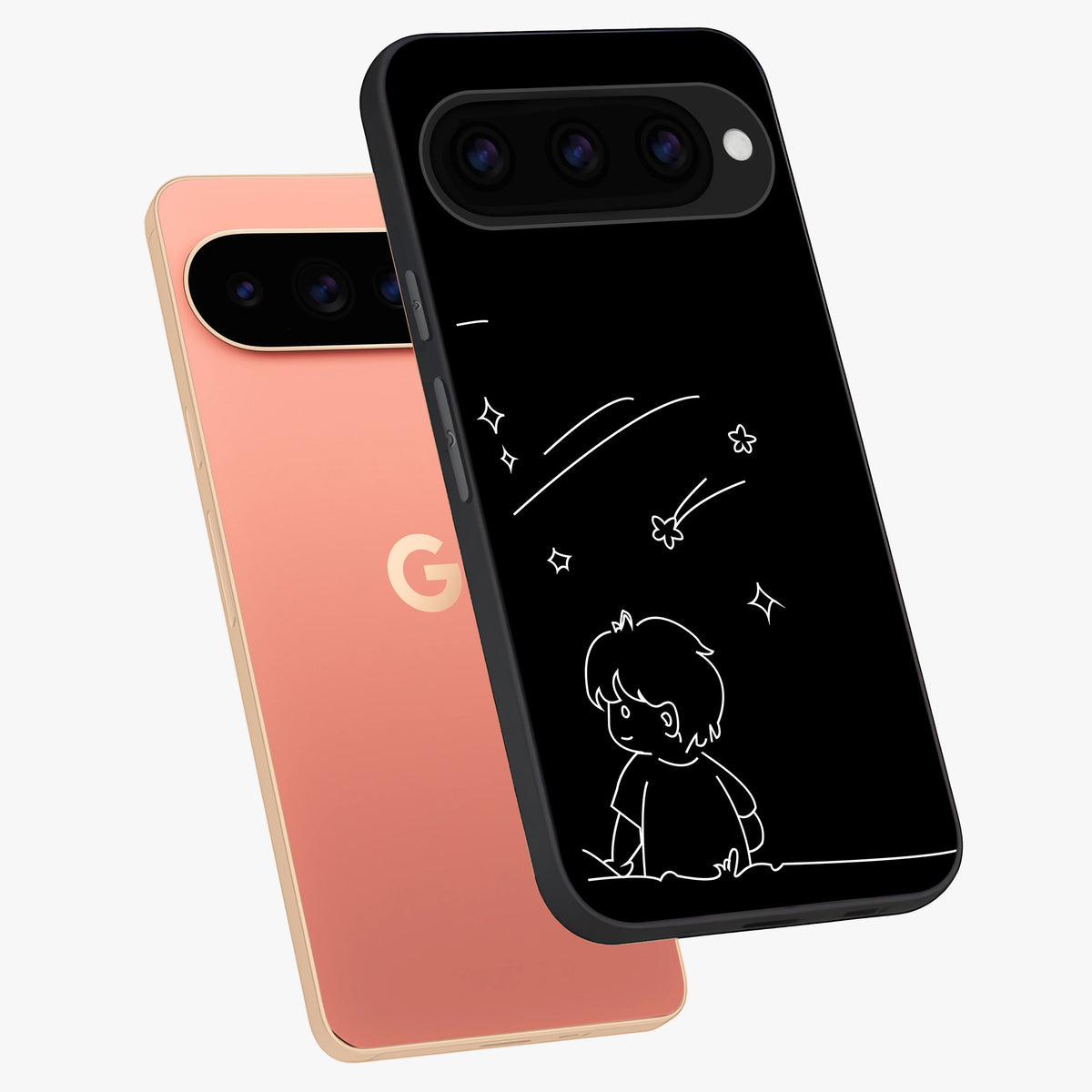 Line Art Boy With Shooting Stars Glass Case displayed in angled mockup highlighting elegant line art design with dreamy star aesthetic.