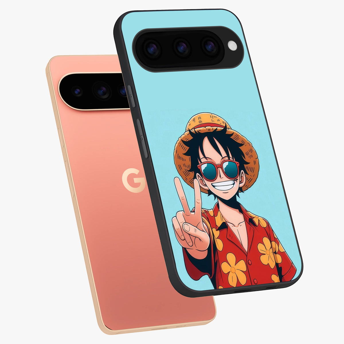 Luffy Summer Anime Vibe Glass Case displayed in angled mockup highlighting energetic anime illustration with summer vibe aesthetic.