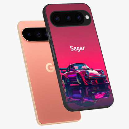 Neon Pink Porsche Glass Case displayed in angled mockup highlighting sleek neon pink car design with racing aesthetic.