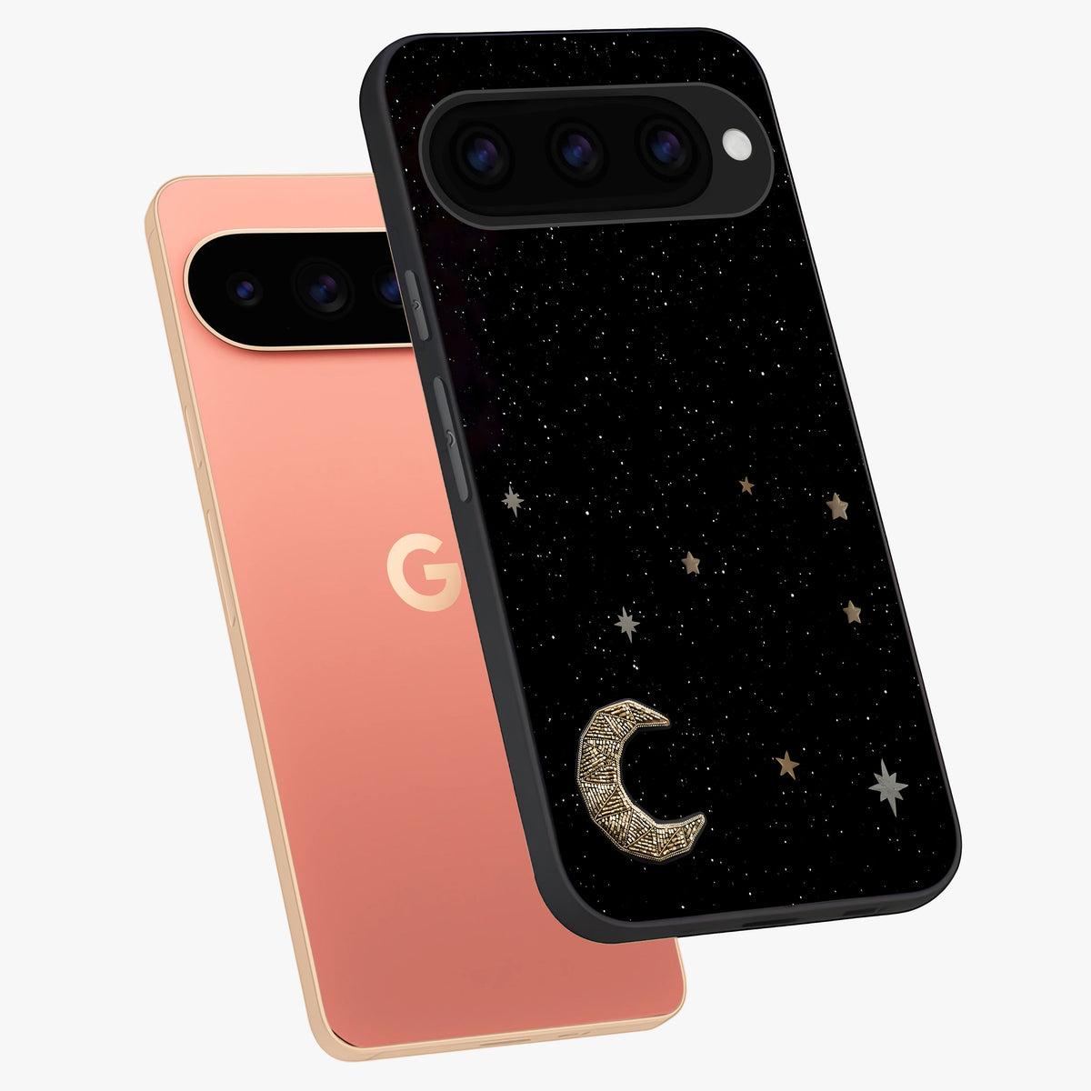 Twinkle Star With Half Moon Glass Case displayed in angled mockup highlighting celestial moon and star design with magical aesthetic.