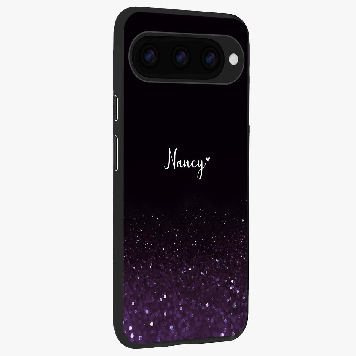 Glittery Purple Bokeh Custom Name Glass Case upright view showcasing vibrant purple sparkle artwork with personalized aesthetic style.