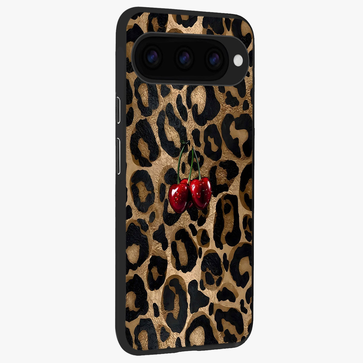 Leopard Wild Cherry Glass Case upright view showcasing stylish leopard pattern artwork with trendy fashion theme.