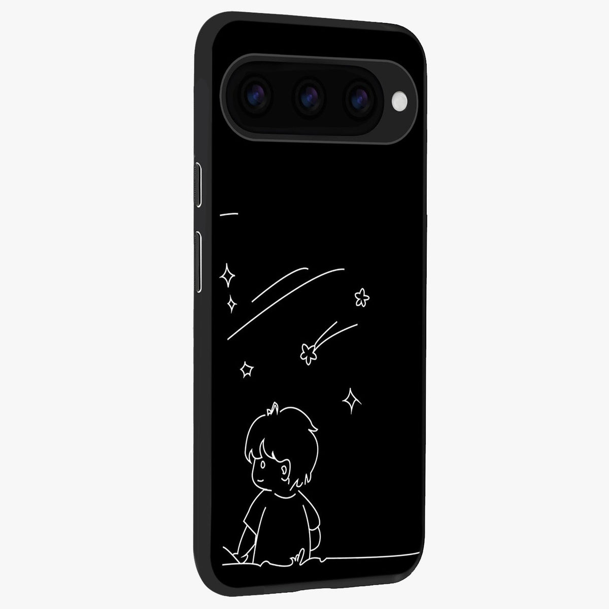 Line Art Boy With Shooting Stars Glass Case upright view showcasing artistic shooting star illustration with minimal style.