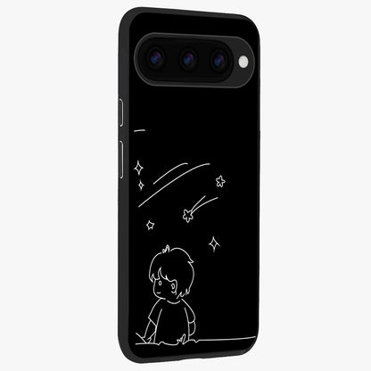 Line Art Boy With Shooting Stars Glass Case upright view showcasing artistic shooting star illustration with minimal style.