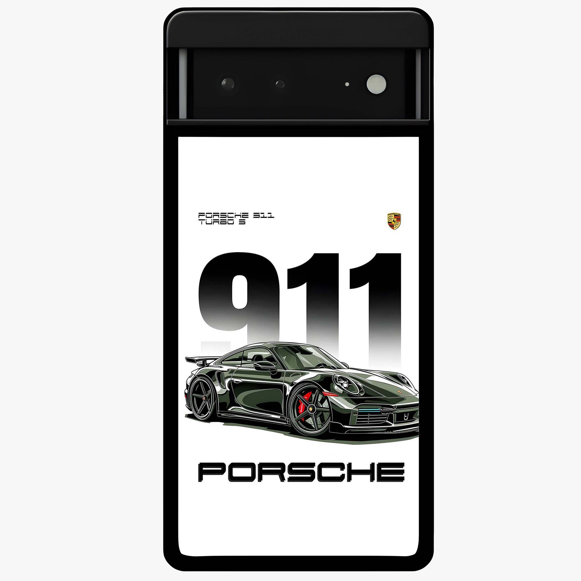 911 Turbo Dominance Glass Case showing clean flat back view with bold 911 sports car artwork and glossy glass finish.
