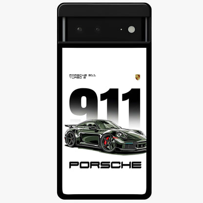 911 Turbo Dominance Glass Case showing clean flat back view with bold 911 sports car artwork and glossy glass finish.