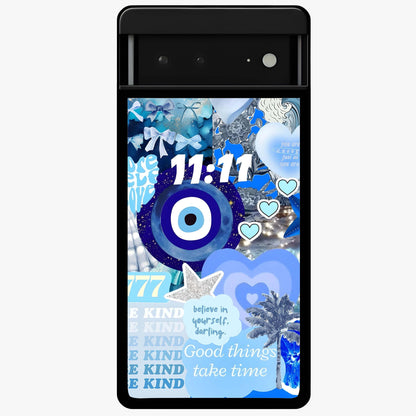 Aesthetic Be Kind Eye Glass Case showing flat back view with motivational eye artwork and glossy glass finish.