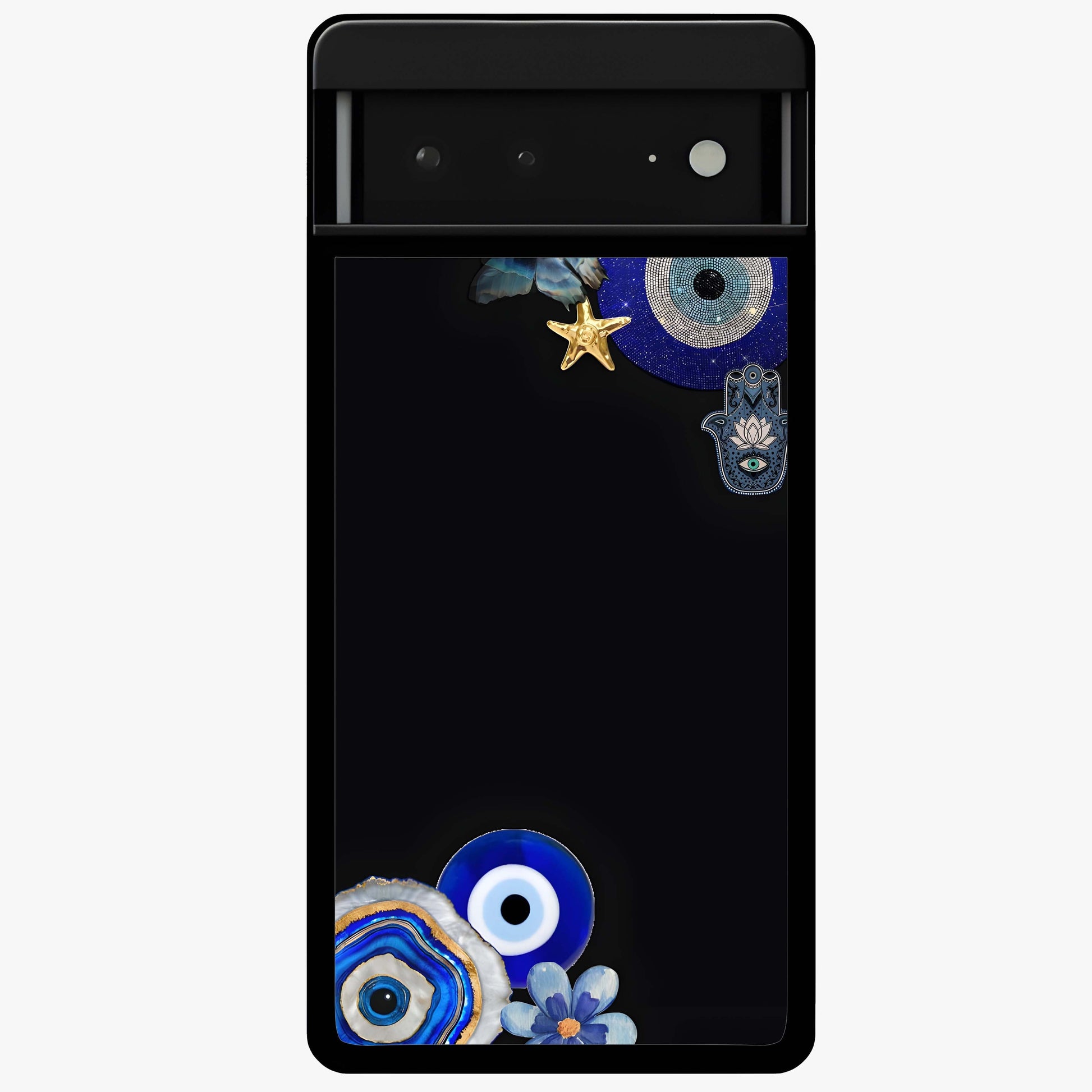 Aesthetic Blue Evil Eye Glass Case showing flat back view with protective evil eye artwork and glossy glass finish.