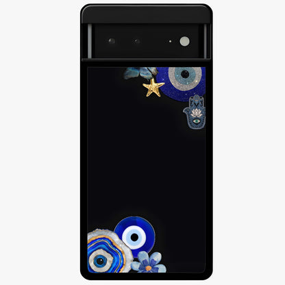Aesthetic Blue Evil Eye Glass Case showing flat back view with protective evil eye artwork and glossy glass finish.