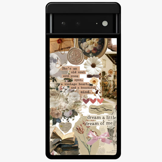 Aesthetic Brown Vintage Collage Glass Case showing flat back view with retro collage artwork and glossy glass finish.