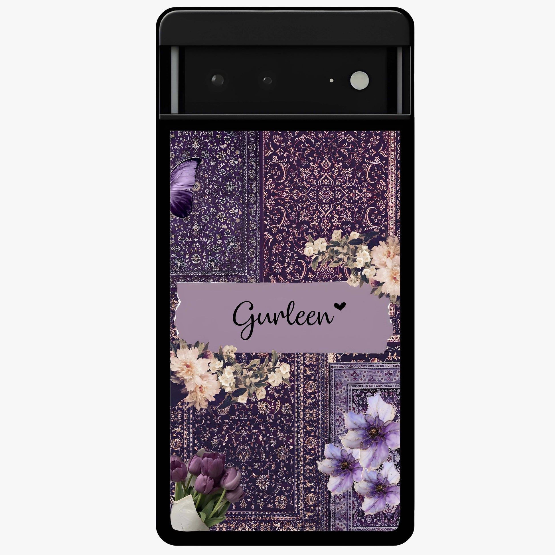 Antique Floral Whisper Custom Name Glass Case showing flat back view with vintage floral artwork and personalized name design.