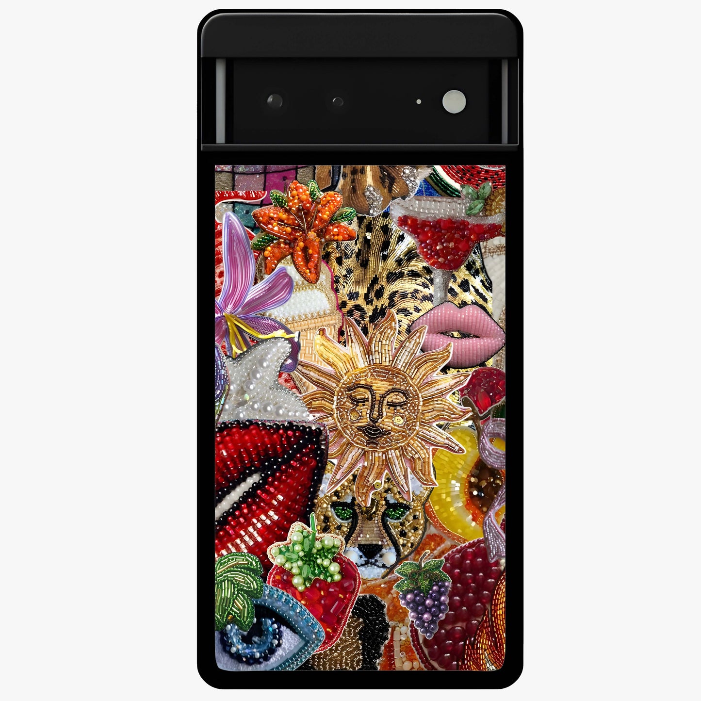 Beaded Fashion Jungle Glass Case showing flat back view with vibrant jungle inspired bead artwork and glossy glass finish.