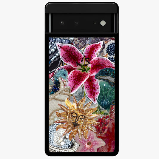 Beaded Garden Fantasy Glass Case showing flat back view with dreamy garden bead artwork and glossy glass finish.