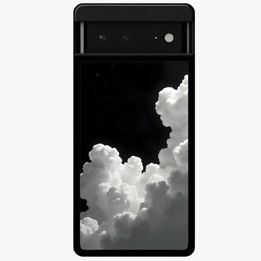 Black Background With White Cloud Glass Case showing flat back view with minimal cloud artwork on dark background and glossy glass finish.