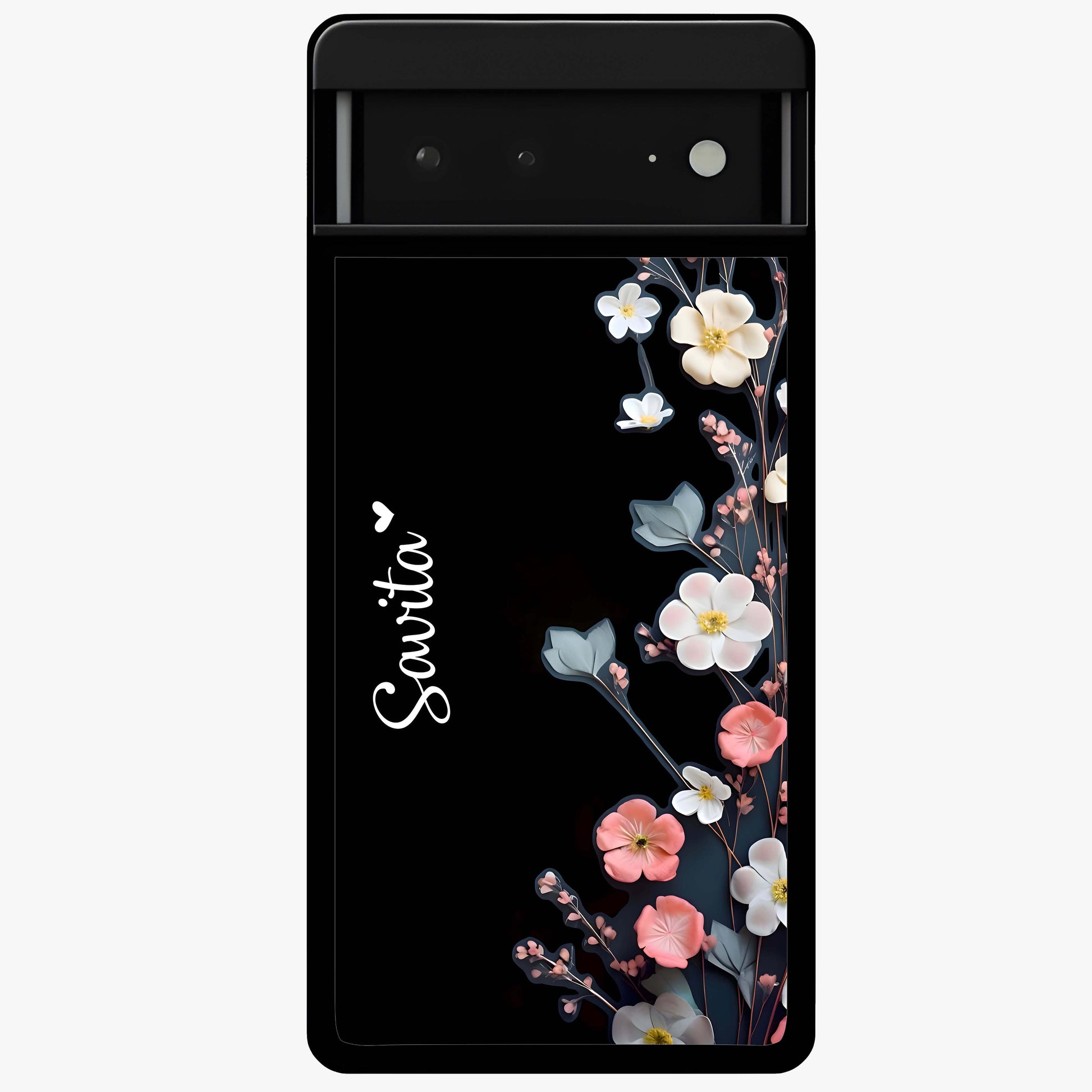 Black Elegance Floral Custom Name Glass Case showing flat back view with elegant floral artwork and personalized name design.