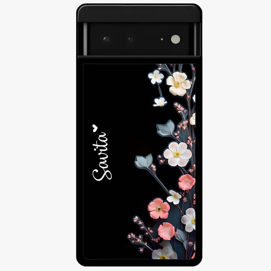 Black Elegance Floral Custom Name Glass Case showing flat back view with elegant floral artwork and personalized name design.