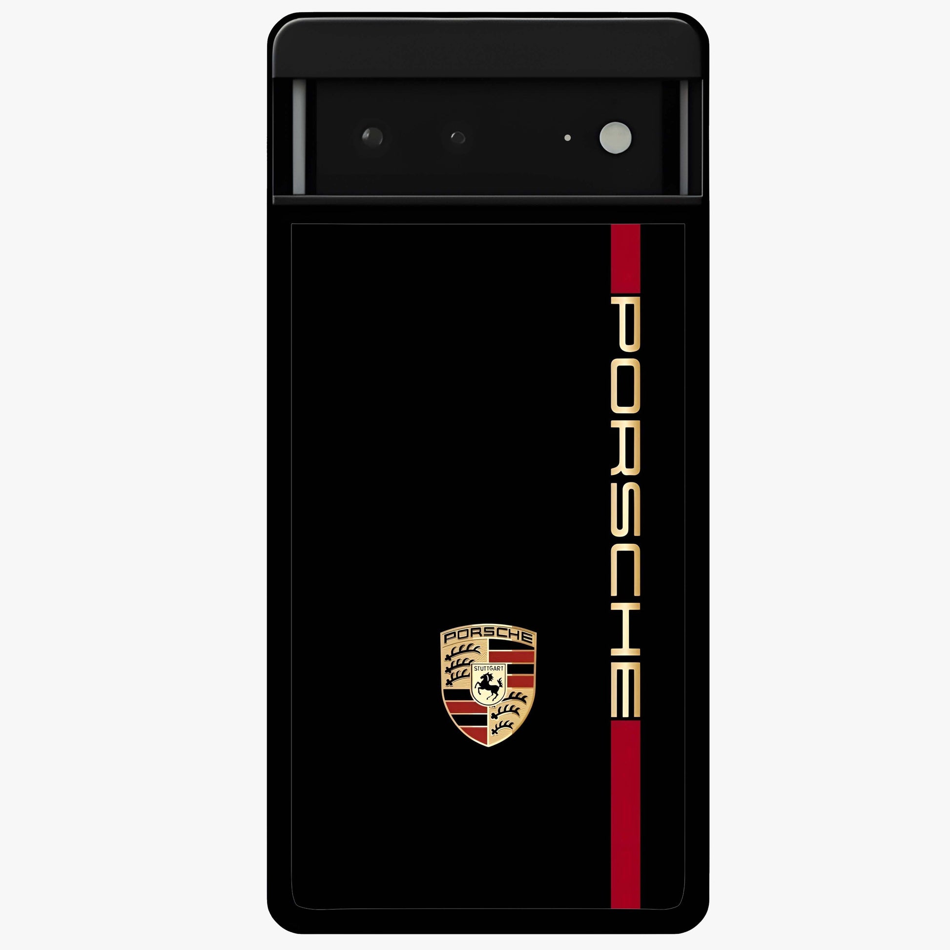 Black Minimal Porsche Glass Case showing flat back view with sleek minimal sports car artwork and glossy glass finish.