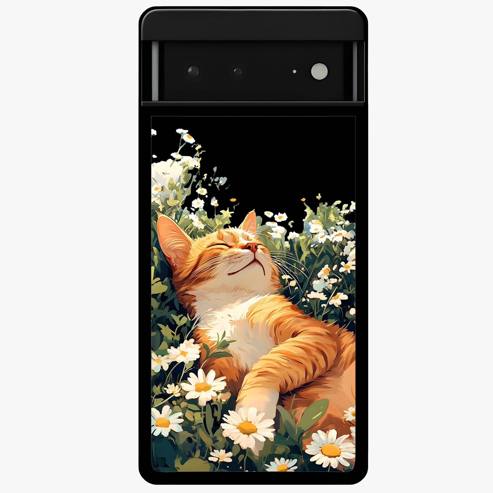 Blissful Bloom Cat Glass Case showing flat back view with cute cat and floral bloom artwork and glossy glass finish.