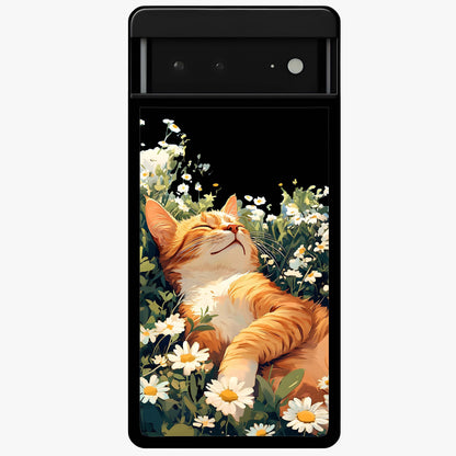 Blissful Bloom Cat Glass Case showing flat back view with cute cat and floral bloom artwork and glossy glass finish.