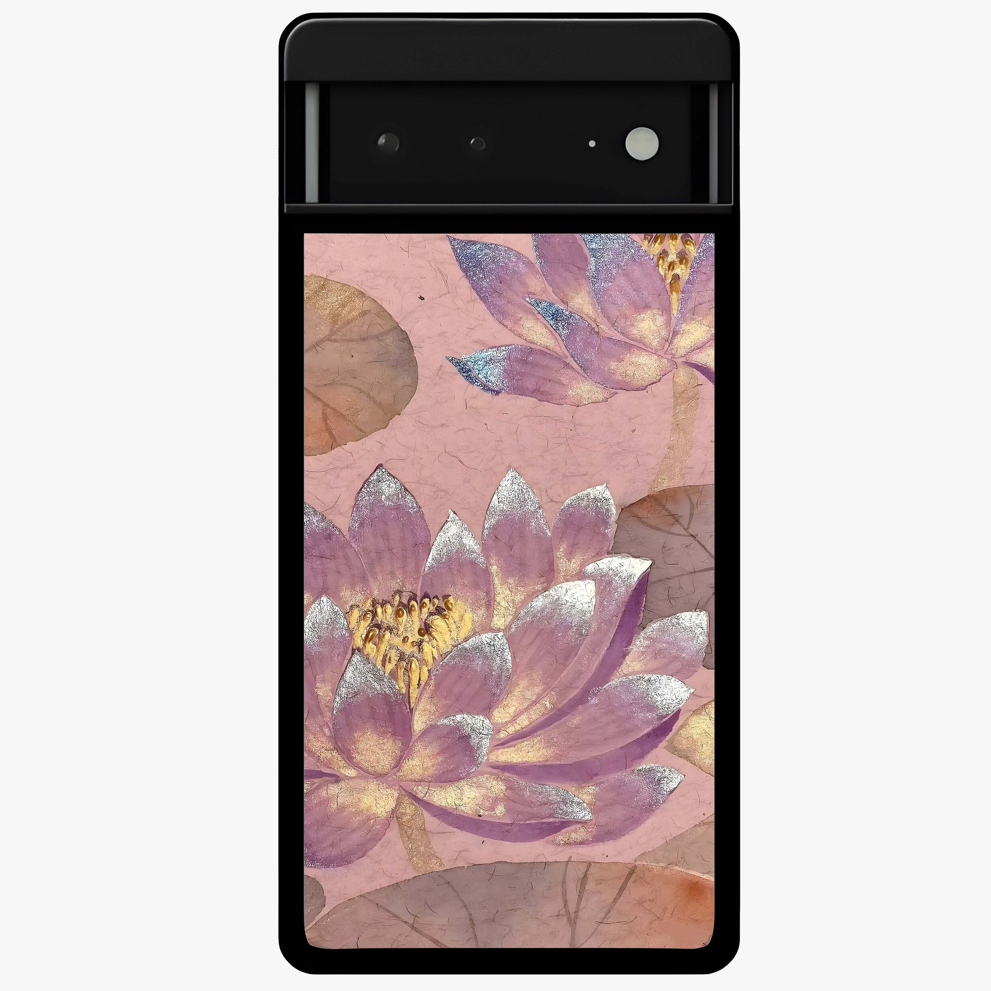 Blossom Mist Lotus Glass Case showing flat back view with serene lotus blossom artwork and glossy glass finish.