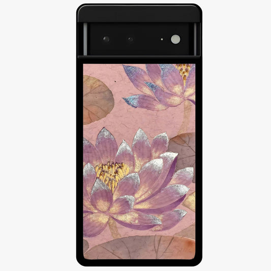 Blossom Mist Lotus Glass Case showing flat back view with serene lotus blossom artwork and glossy glass finish.
