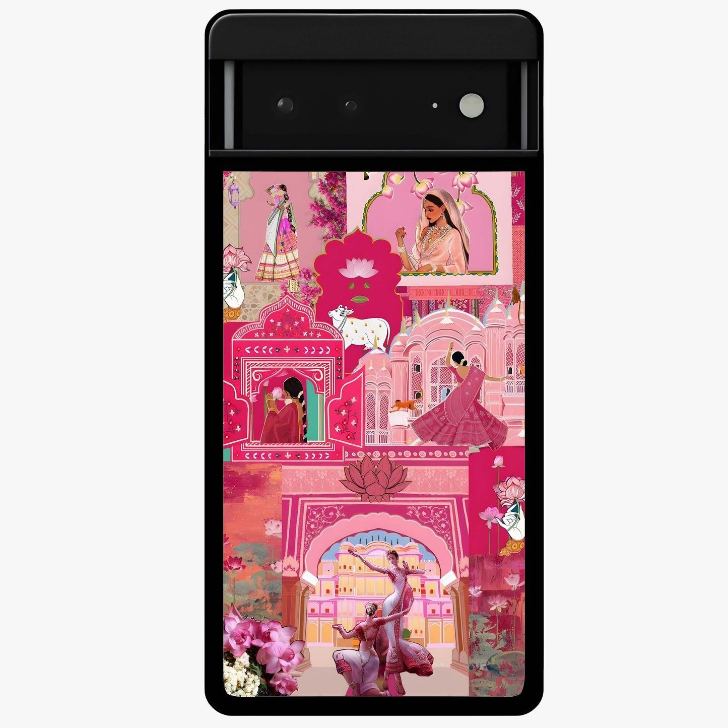 Blossoms of Rajasthan Glass Case showing flat back view with traditional floral artwork inspired by Rajasthan and glossy glass finish.