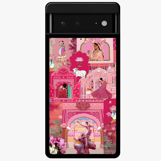 Blossoms of Rajasthan Glass Case showing flat back view with traditional floral artwork inspired by Rajasthan and glossy glass finish.