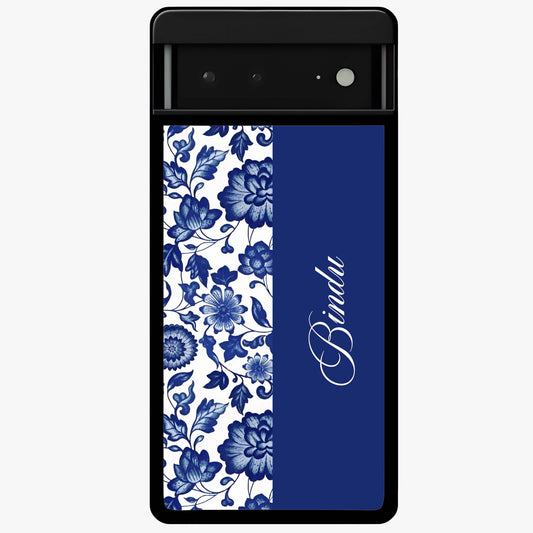 Blue Vintage Floral Pattern Glass Case upright view showcasing timeless floral illustration with vintage inspired style.