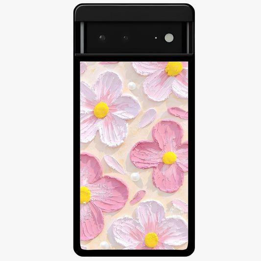 Blush Bloom Texture Glass Case showing flat back view with soft blush floral texture artwork and glossy glass finish.