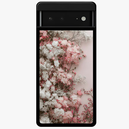 Blush Blossom Cloud Glass Case showing flat back view with dreamy blush cloud blossom artwork and glossy glass finish.