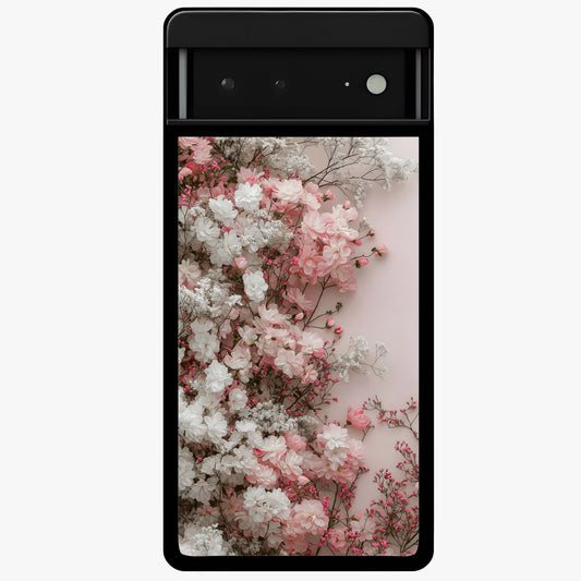 Blush Blossom Cloud Glass Case showing flat back view with dreamy blush cloud blossom artwork and glossy glass finish.