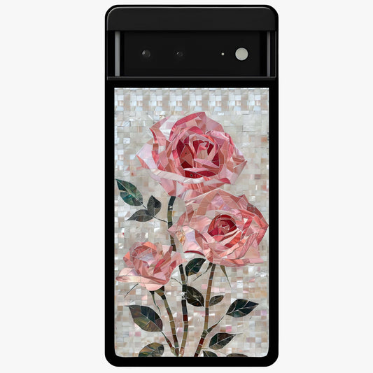 Blush Mosaic Bloom Glass Case showing flat back view with mosaic floral bloom artwork and glossy glass finish.