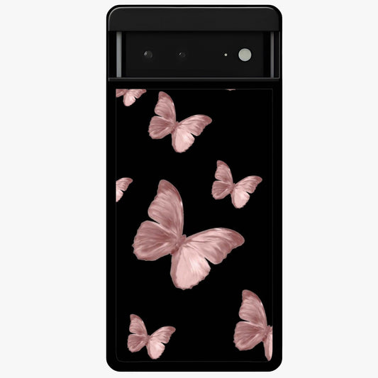 Butterfly Pattern Glass Case showing flat back view with elegant butterfly pattern artwork and glossy glass finish.