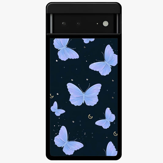 Butterfly With Stars Pattern Glass Case showing flat back view with butterfly and star pattern artwork and glossy glass finish.