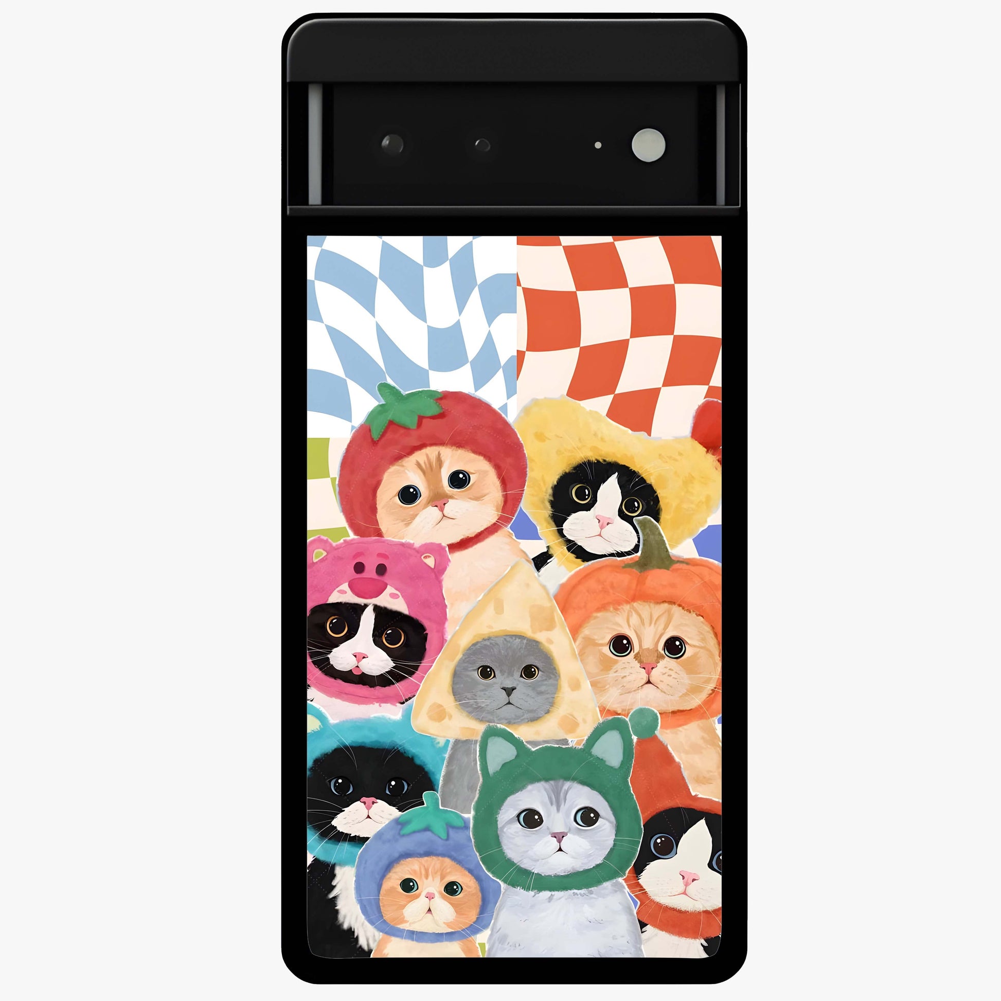 Cats in Fruits Glass Case showing flat back view with playful cat illustrations inside fruit artwork and glossy glass finish.