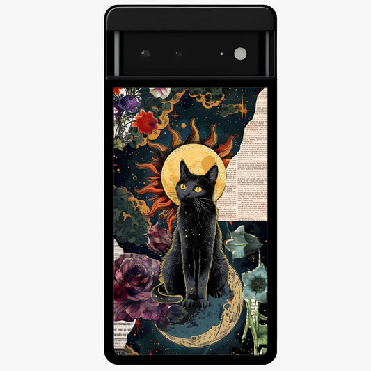 Celestial Black Cat Glass Case showing flat back view with mystical black cat artwork and glossy glass finish.