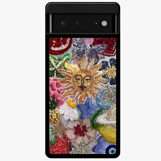 Celestial Floral and Playful Glass Case showing flat back view with floral and celestial themed artwork and glossy glass finish.