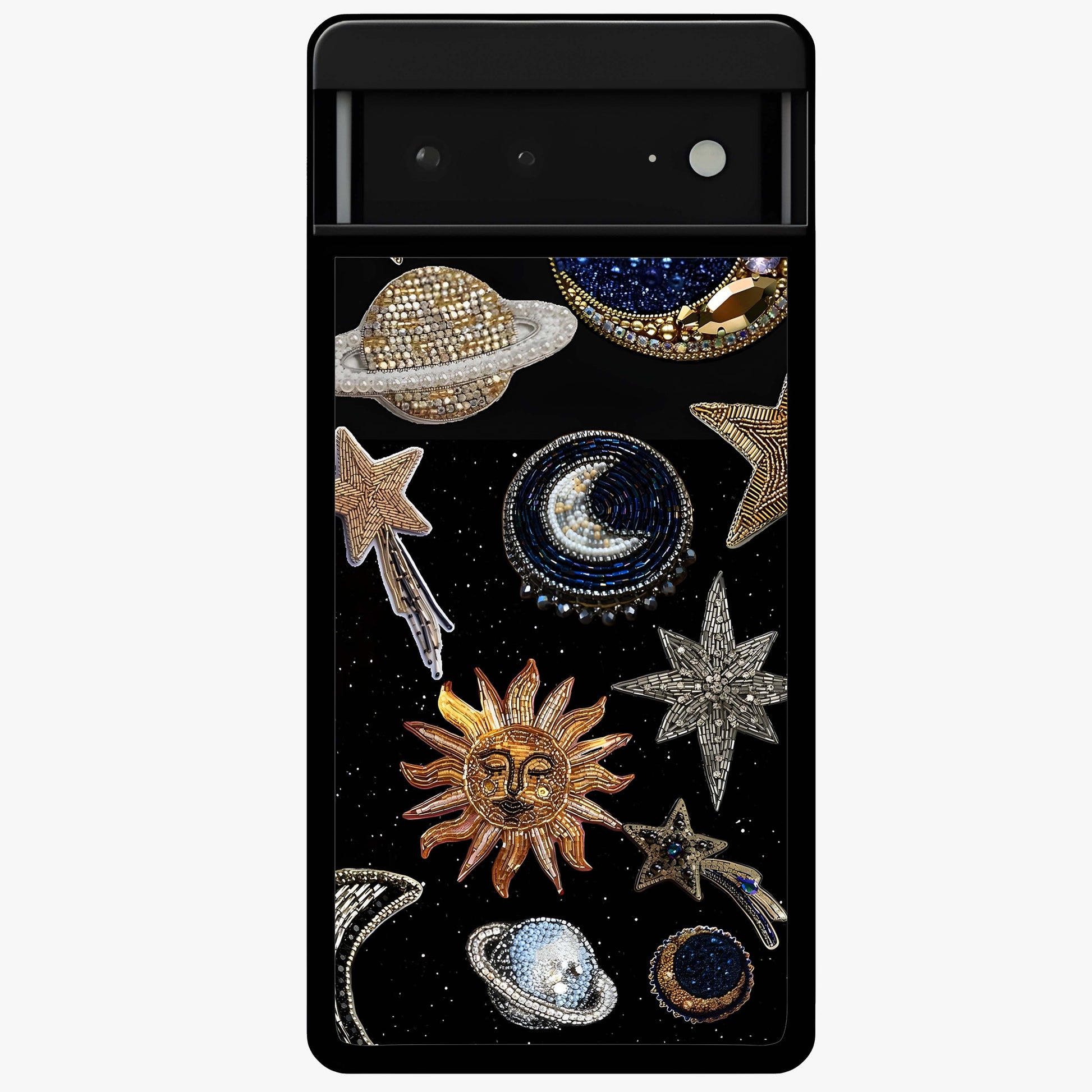 Celestial Gem Constellations Glass Case showing flat back view with sparkling constellation artwork and glossy glass finish.