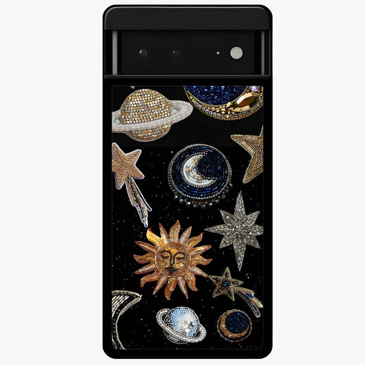 Celestial Gem Constellations Glass Case showing flat back view with sparkling constellation artwork and glossy glass finish.