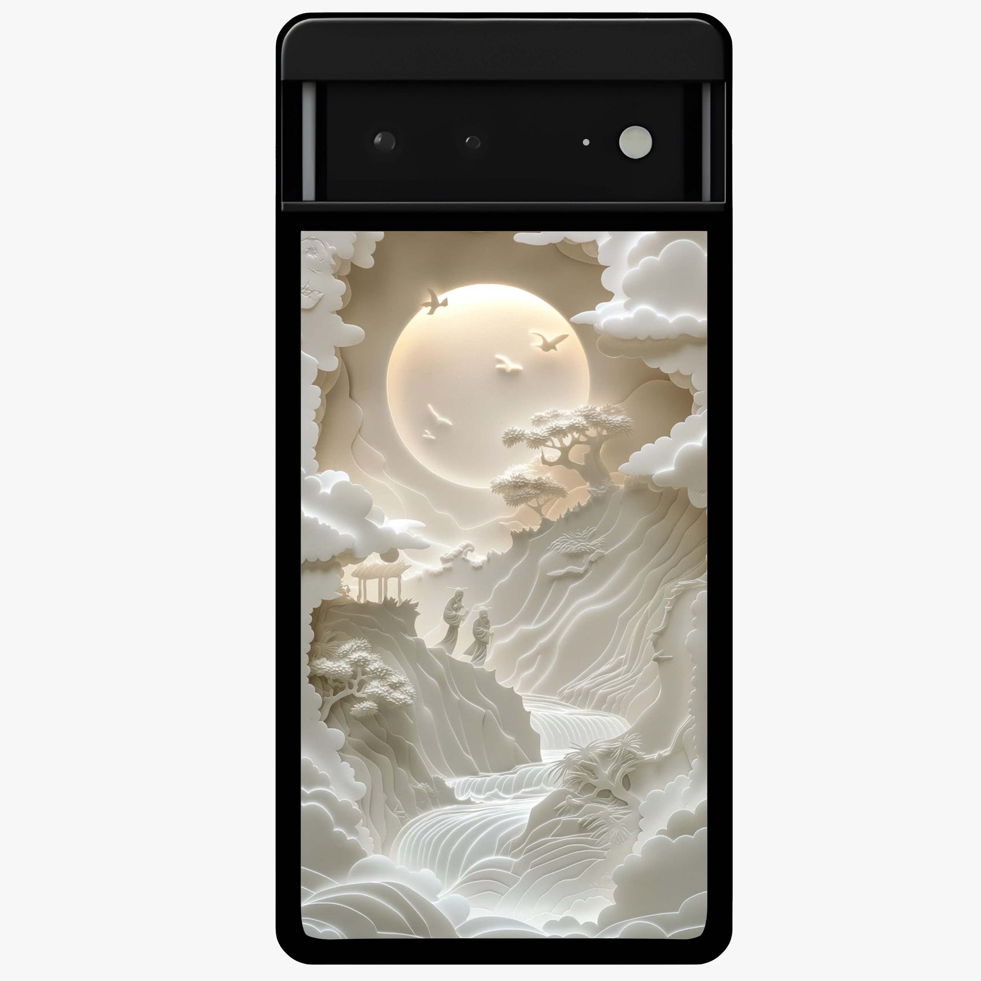Celestial Origami Glass Case showing flat back view with artistic origami inspired celestial artwork and glossy glass finish.