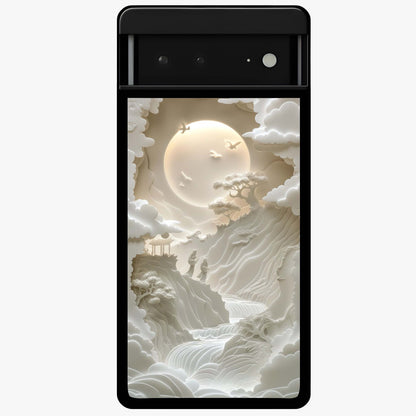 Celestial Origami Glass Case showing flat back view with artistic origami inspired celestial artwork and glossy glass finish.