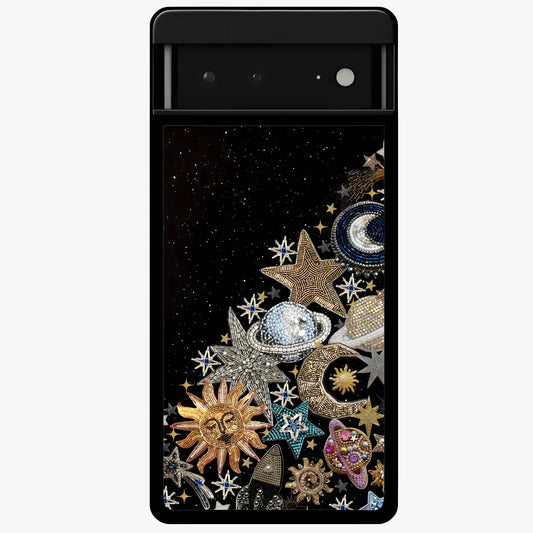 Cosmic Sparkle Dreams Glass Case showing flat back view with sparkling cosmic artwork and glossy glass finish.