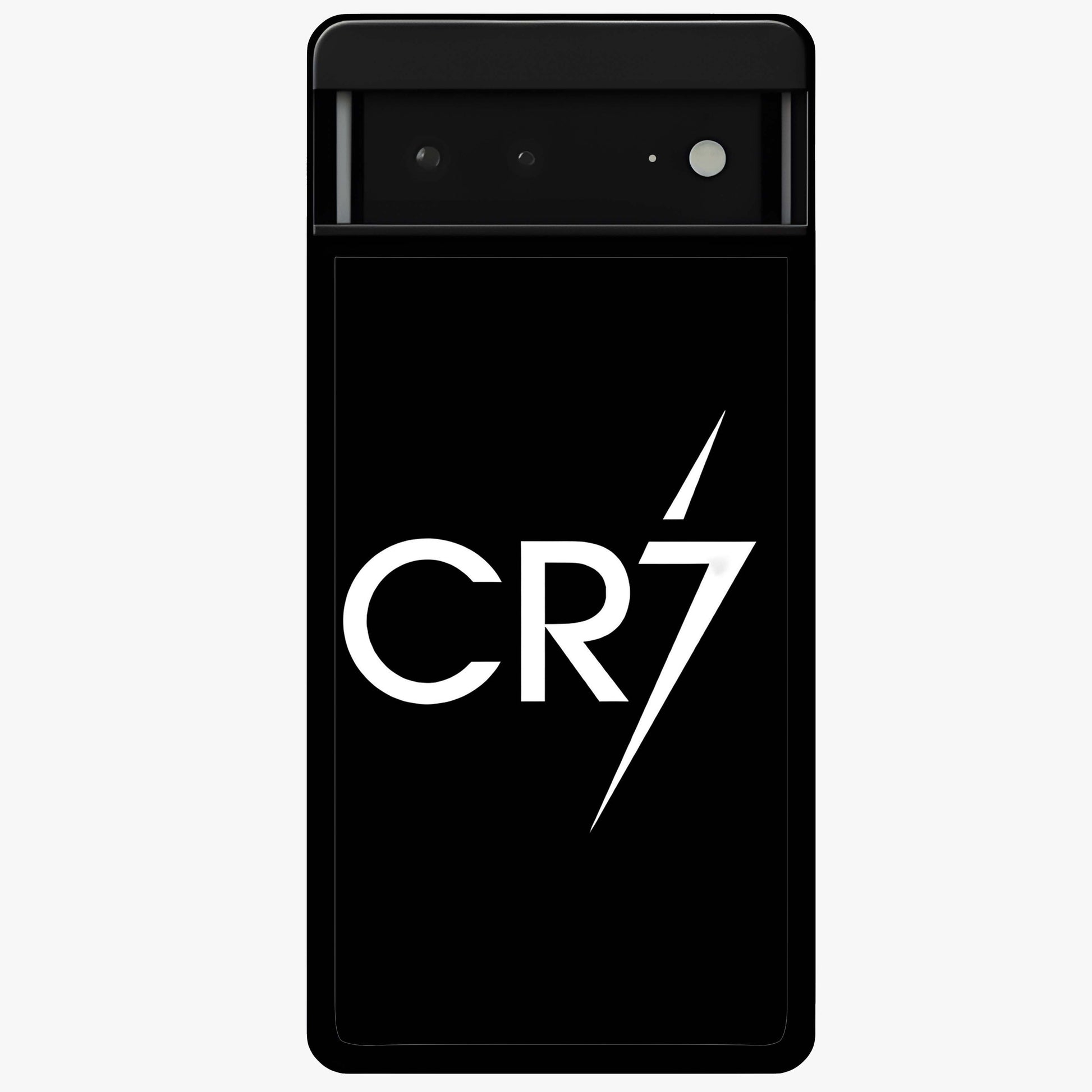 Cr7 Elite Strike Glass Case showing flat back view with dynamic football inspired artwork and glossy glass finish.