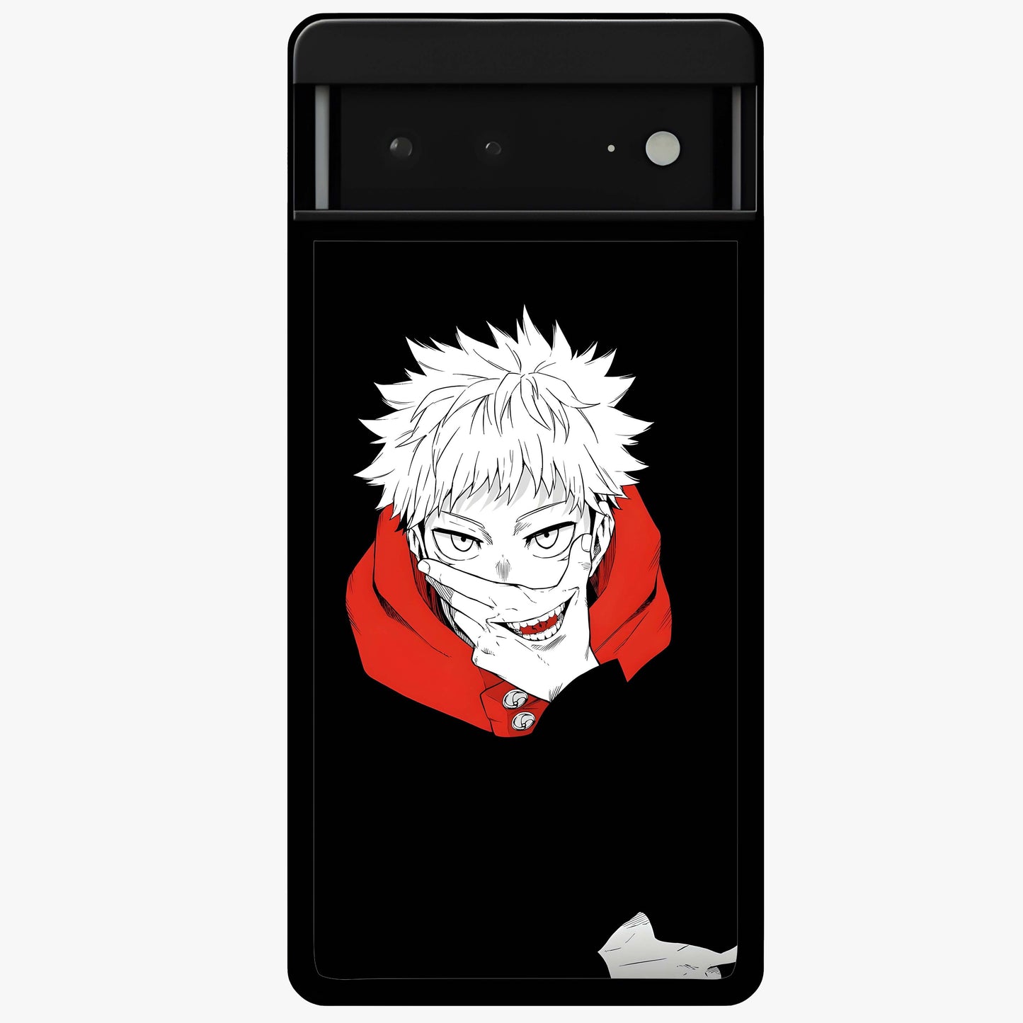 Crimson Chaos Smile Glass Case showing flat back view with bold chaotic smile artwork and glossy glass finish.